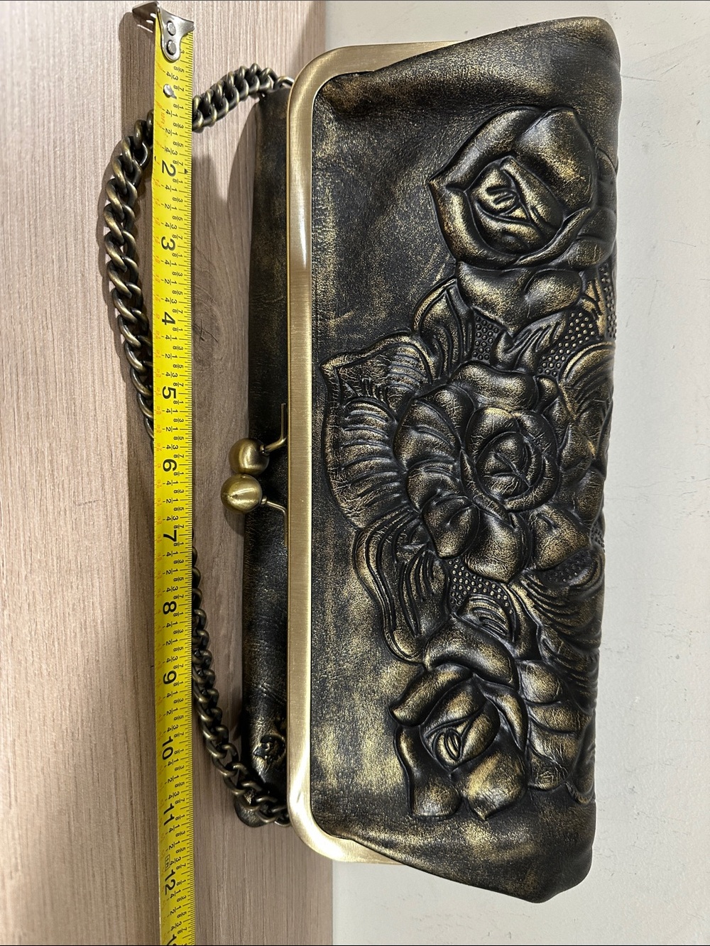Embossed Floral Frame Clutch - Metallic Black
